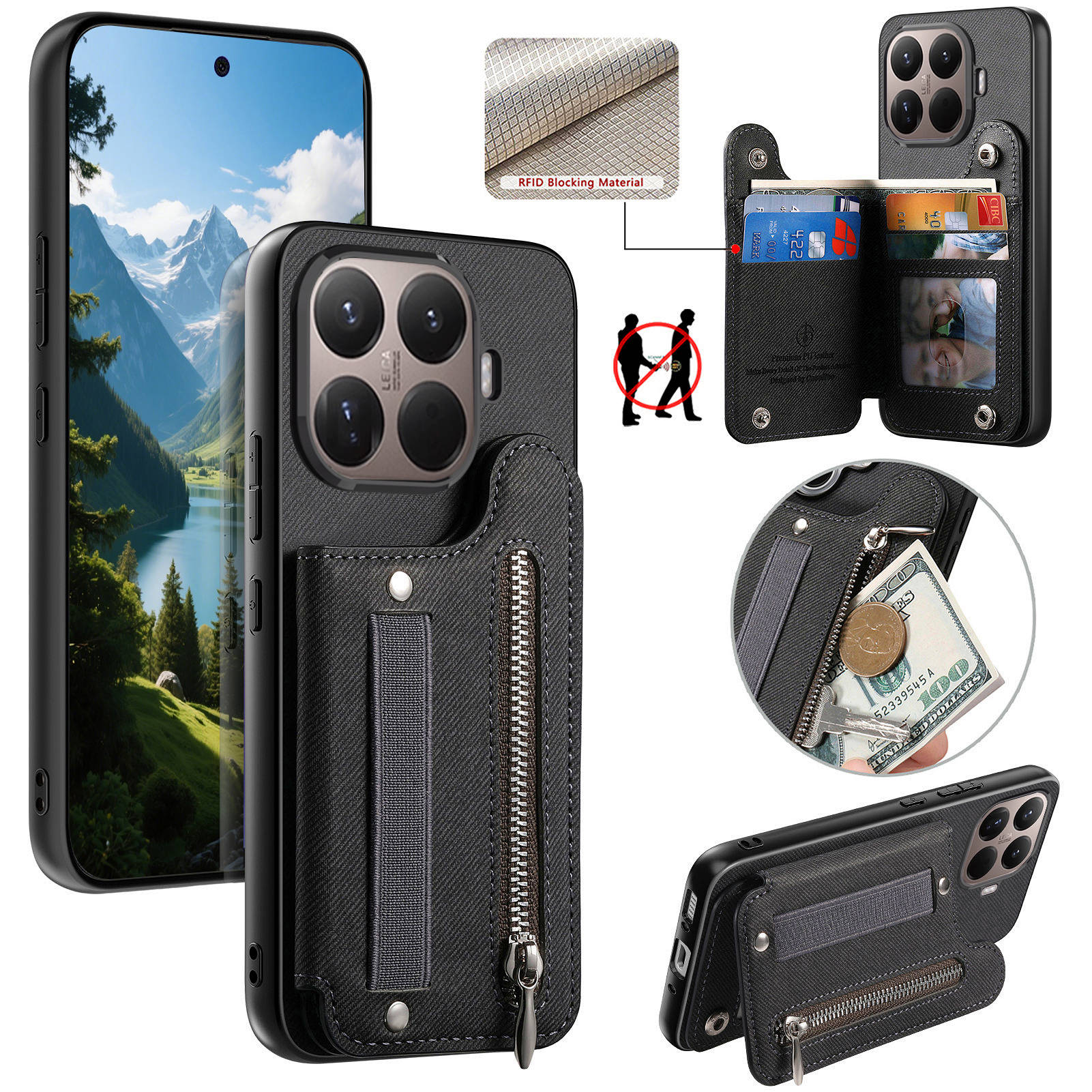 Phone Wallet Combo - RFID Wrist Strap Zipper Wallet Leather